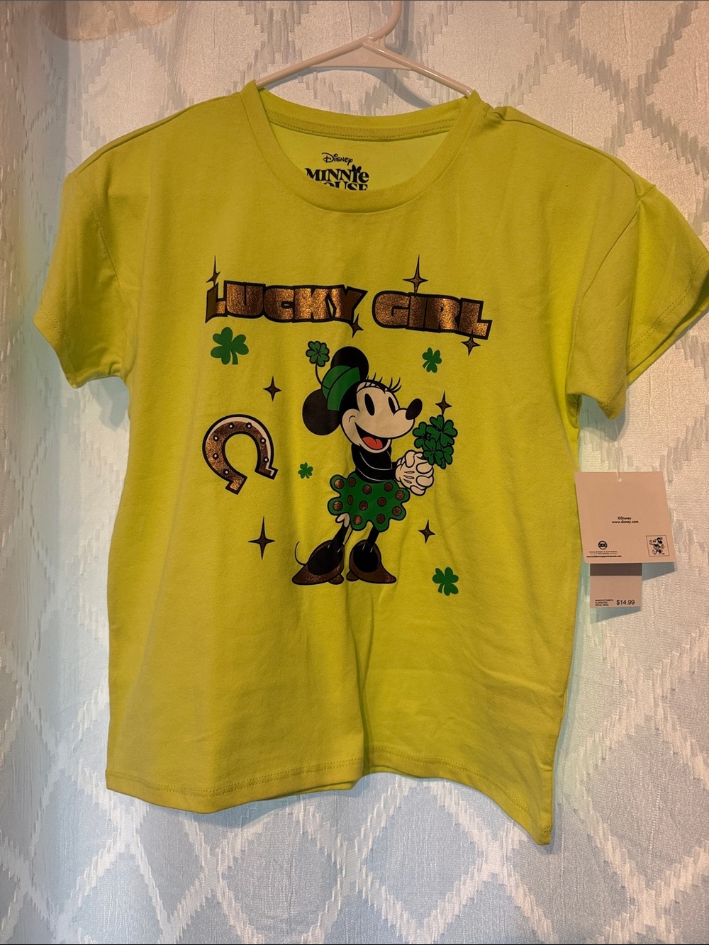 Girls 'Lucky Girl' Green Kids Tee Minnie Mouse, St Patrick’s Day size 10/12